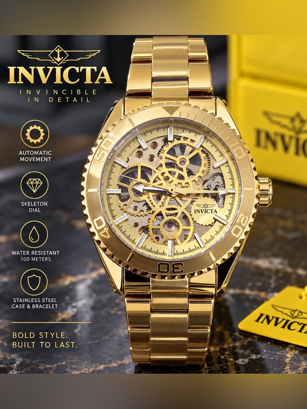 NEW Invicta Objet D’Art 69759 Automatic Gold Skeleton Men’s Watch 43mm